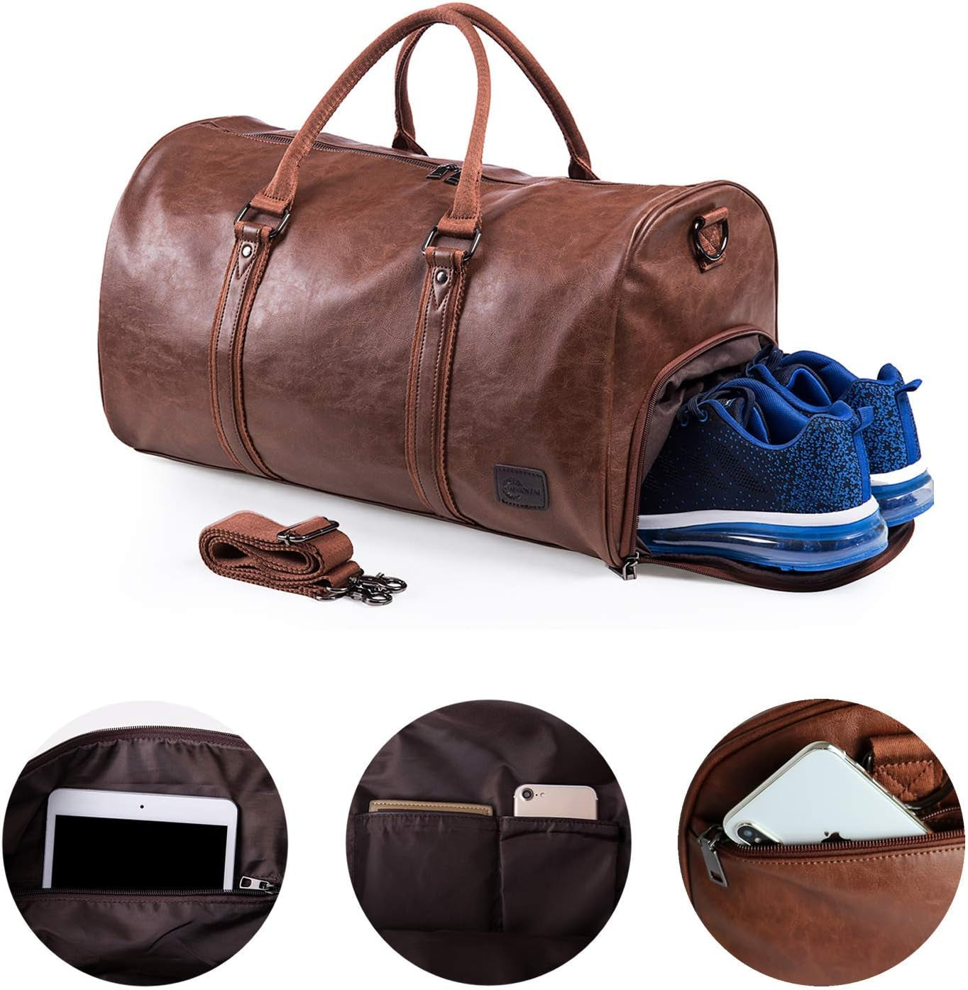 Weekender Oversized Travel Duffel Bag with Shoe Pouch, Leather Carry on Bag