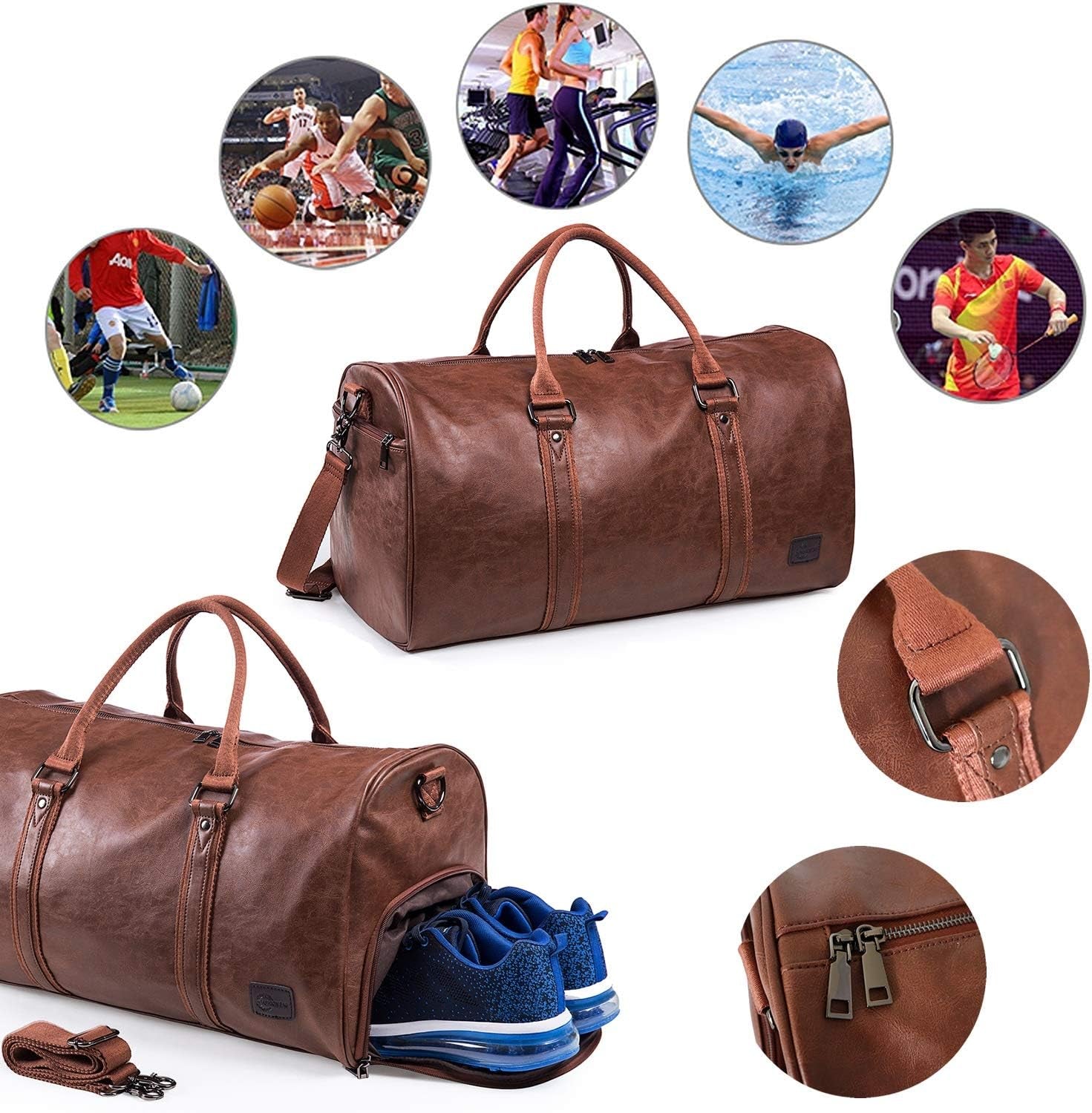 Weekender Oversized Travel Duffel Bag with Shoe Pouch, Leather Carry on Bag