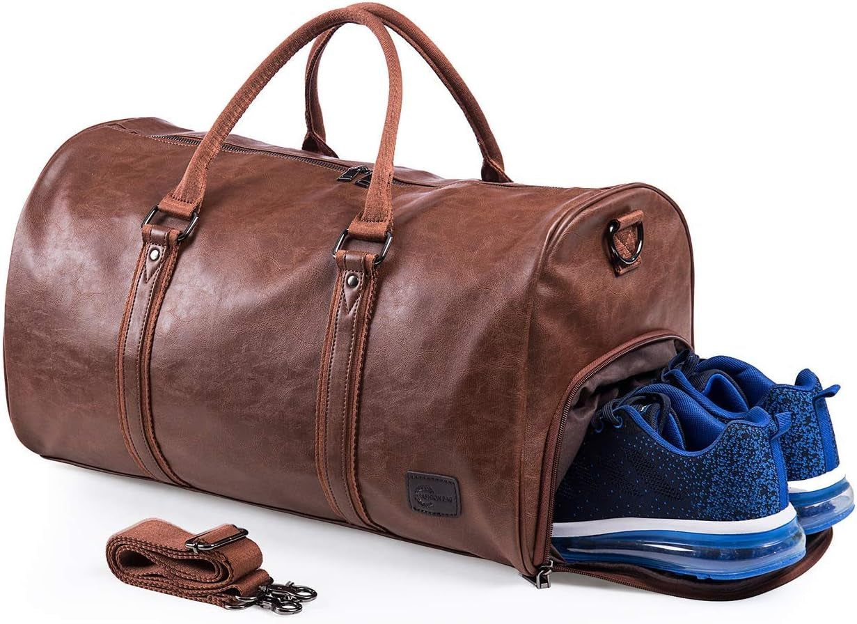 Weekender Oversized Travel Duffel Bag with Shoe Pouch, Leather Carry on Bag